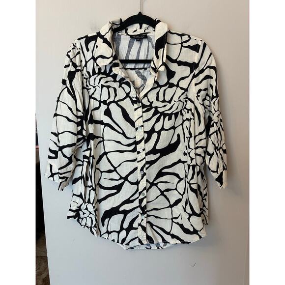 Rachel Zoe White and Black Printed Linen Artsy 3/4 Sleeve Button Down Blouse 1X - Picture 1 of 6